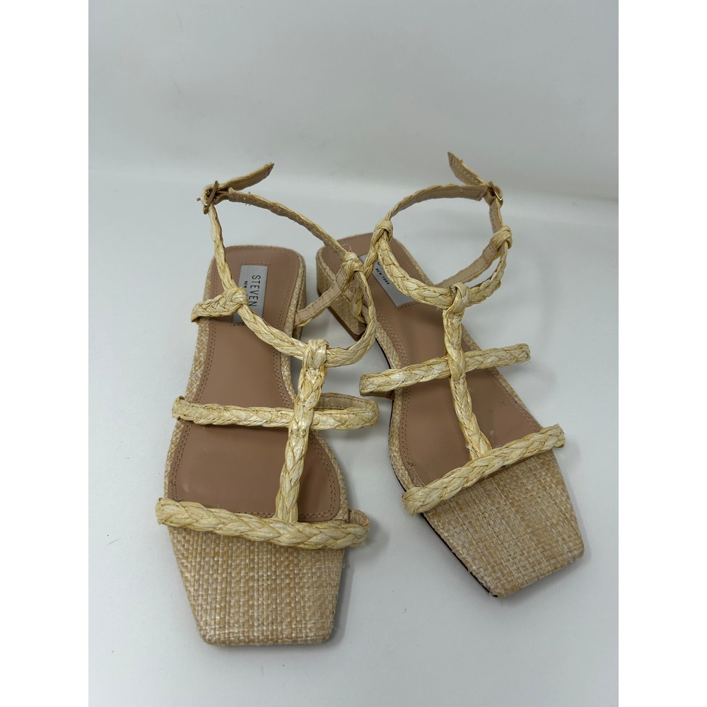 Steven New York Womens Sz 7 Tan Braided Strappy Raffia Sandals Low Block Heel